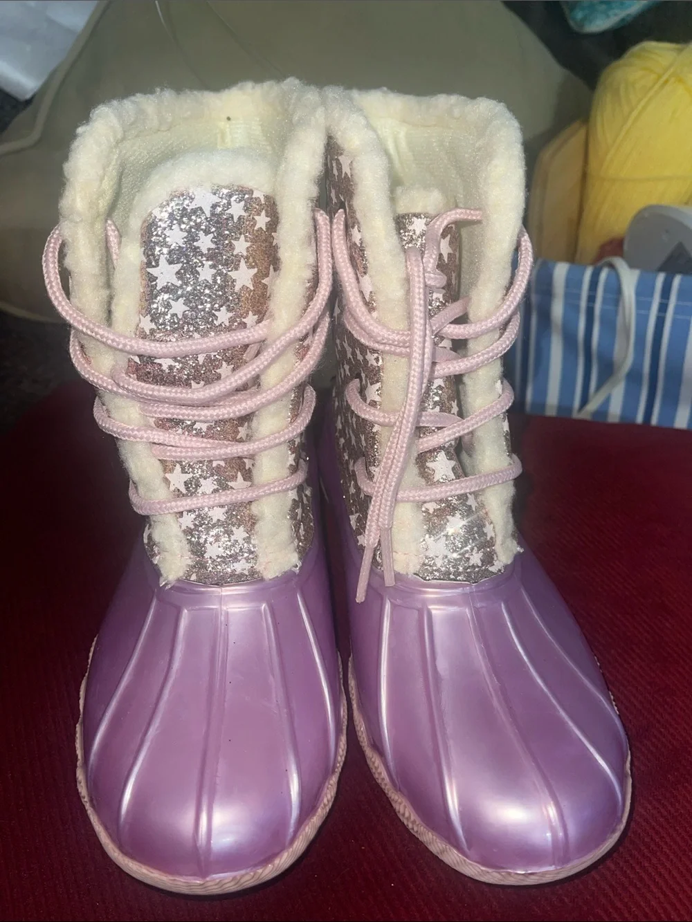 Adrienne Vittadini Pink Purple Glitter Star Kids Snow Boots